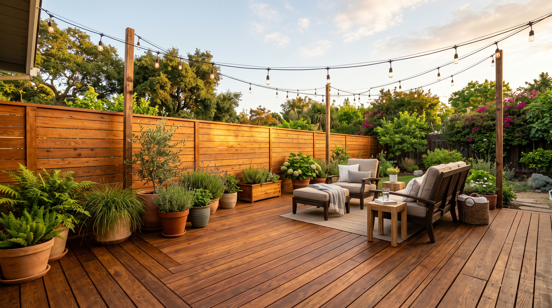 Deck and fence freshly stained warm cedar
