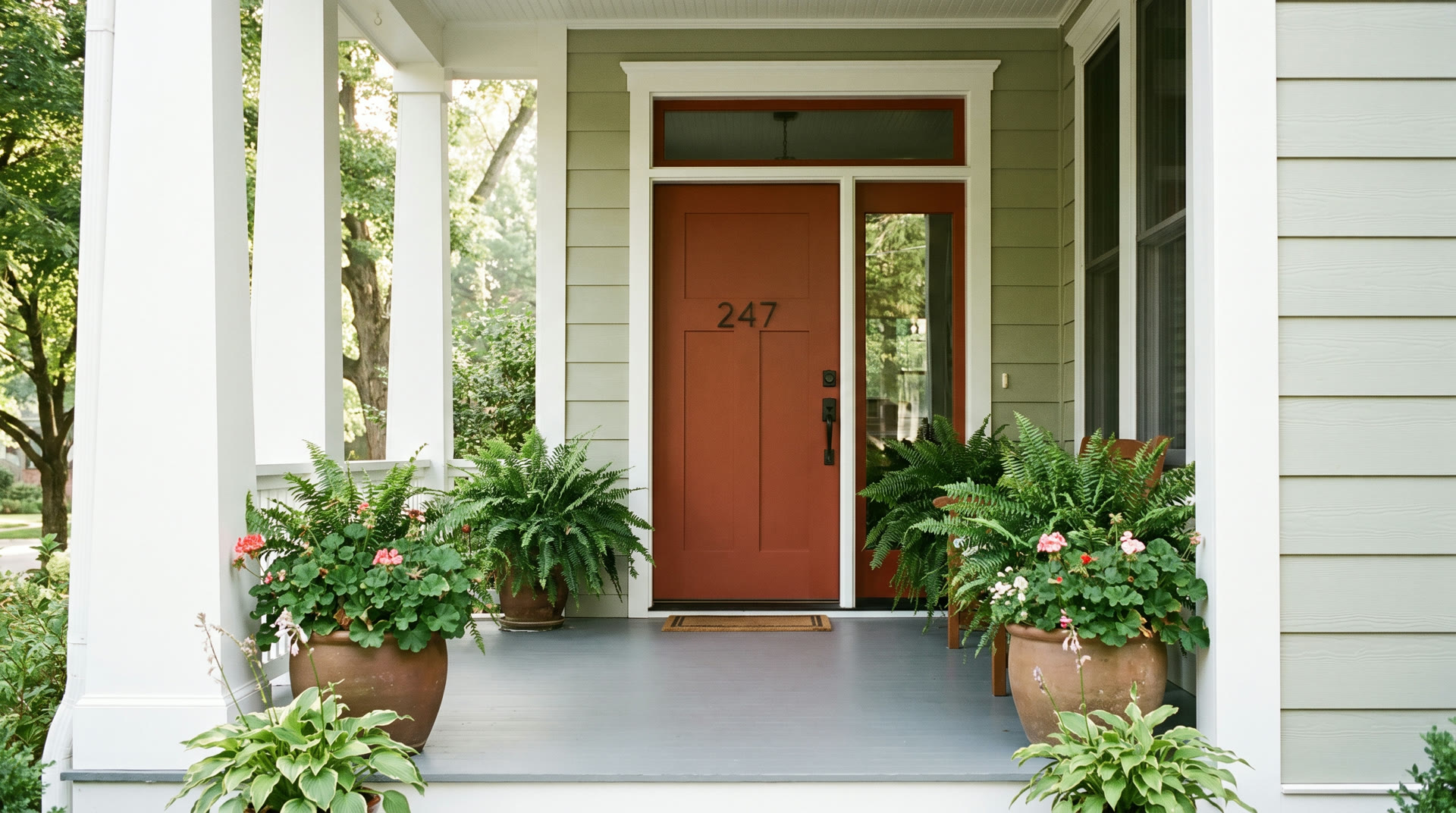 Front door painted terracotta after refinishing